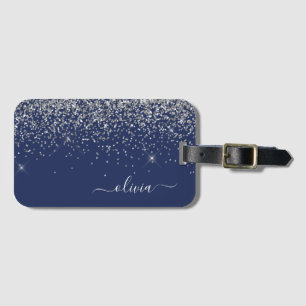 Silver Navy Blue Glitzer Giron Monogram Name Gepäckanhänger
