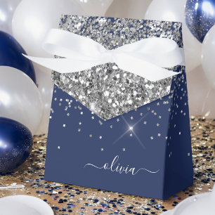 Silver Navy Blue Glitzer Giron Monogram Name Geschenkschachtel