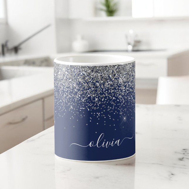 Silver Navy Blue Glitzer Giron Monogram Name Kaffeetasse (Von Creator hochgeladen)