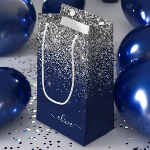 Silver Navy Blue Glitzer Giron Monogram Name Kleine Geschenktüte