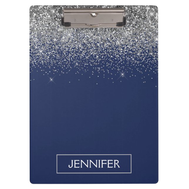 Silver Navy Blue Glitzer Giron Monogram Name Klemmbrett (Vorderseite)