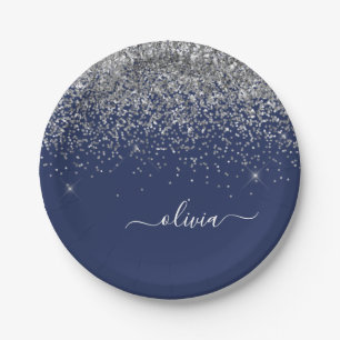 Silver Navy Blue Glitzer Giron Monogram Name Pappteller
