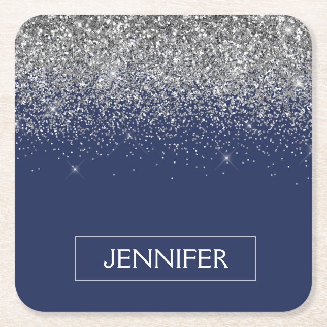 Silver Navy Blue Glitzer Giron Monogram Name Rechteckiger Pappuntersetzer (Vorderseite)