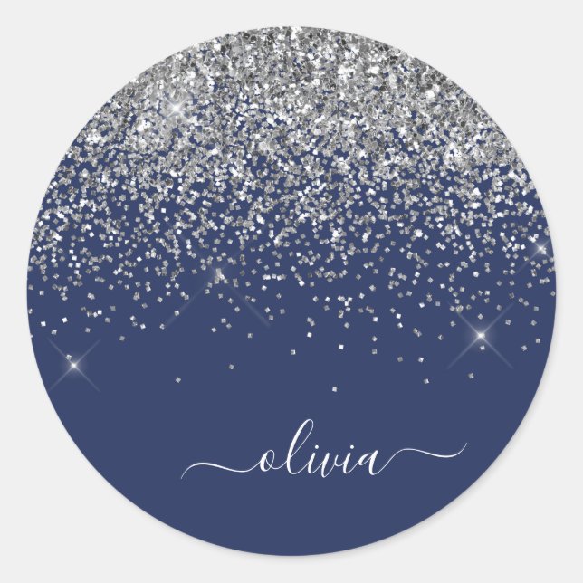 Silver Navy Blue Glitzer Giron Monogram Name Runder Aufkleber (Vorderseite)