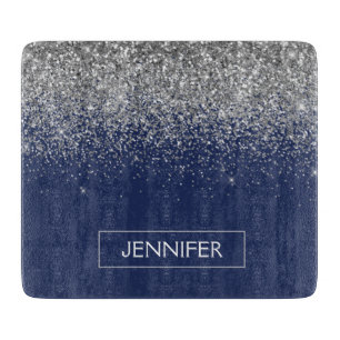 Silver Navy Blue Glitzer Giron Monogram Name Schneidebrett