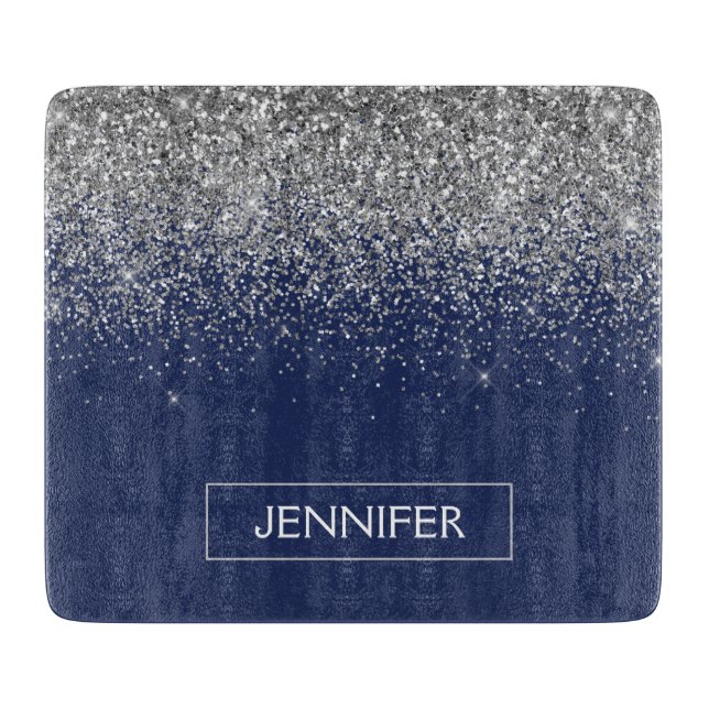 Silver Navy Blue Glitzer Giron Monogram Name Schneidebrett (Vorderseite)