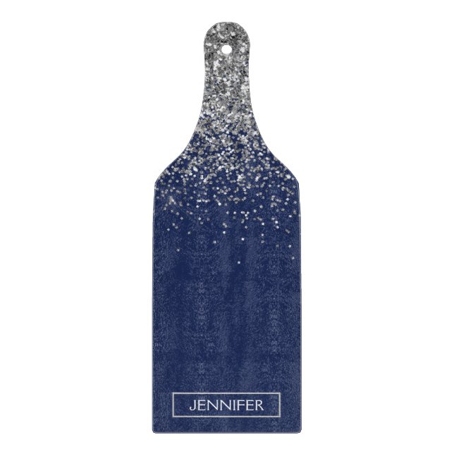 Silver Navy Blue Glitzer Giron Monogram Name Schneidebrett (Vorderseite)