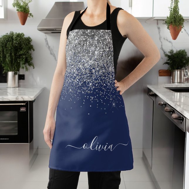 Silver Navy Blue Glitzer Giron Monogram Name Schürze (Von Creator hochgeladen)