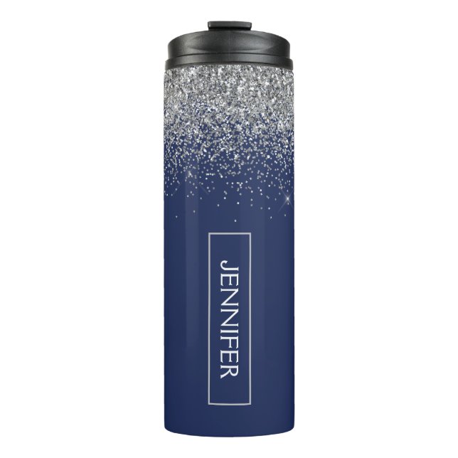 Silver Navy Blue Glitzer Giron Monogram Name Thermosbecher (Vorderseite)