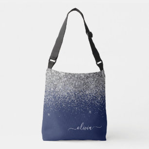 Silver Navy Blue Glitzer Giron Monogram Name Tragetaschen Mit Langen Trägern
