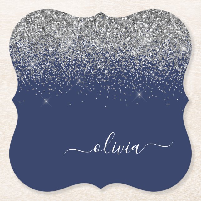 Silver Navy Blue Glitzer Giron Monogram Name Untersetzer (Vorderseite)