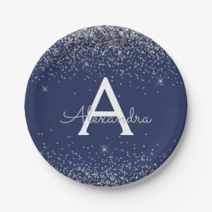 Silver Navy Blue Glitzer Sparkle Monogram Birthday Pappteller