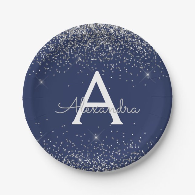 Silver Navy Blue Glitzer Sparkle Monogram Birthday Pappteller (Vorderseite)