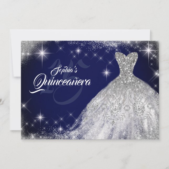 Silver Navy Blue Lace Diamond Gown Quinceanera Einladung (Vorderseite)