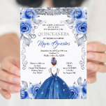 Silver Navy Blue Quinceanera Einladung<br><div class="desc">Blauer Navy Blumen Silver Quinceanera Einladung Mis Quince Anos,  15. Geburtstag,  Marine Quinceanera Einladung,  Blume Blumen,  Crown Mis Quince Anos</div>