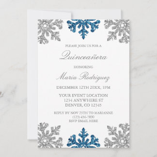 Silver Navy Blue Snowflake Winter Quinceanera Einladung