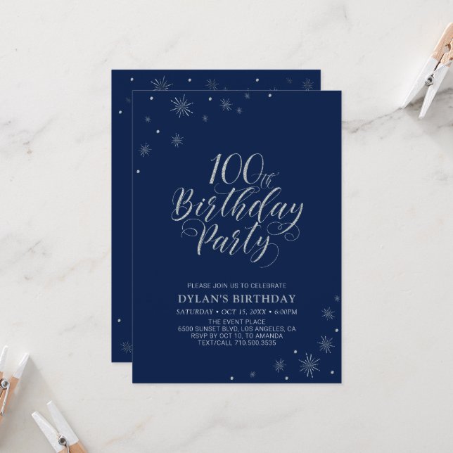 Silver & Navy Blue Sparkle 100. Geburtstagsparty Einladung (Vorderseite/Rückseite Beispiel)