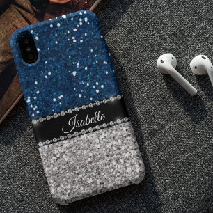 Silver Navy BLue Sparkle Glam Bling Personalisiert Case-Mate iPhone 14 Pro Max Hülle