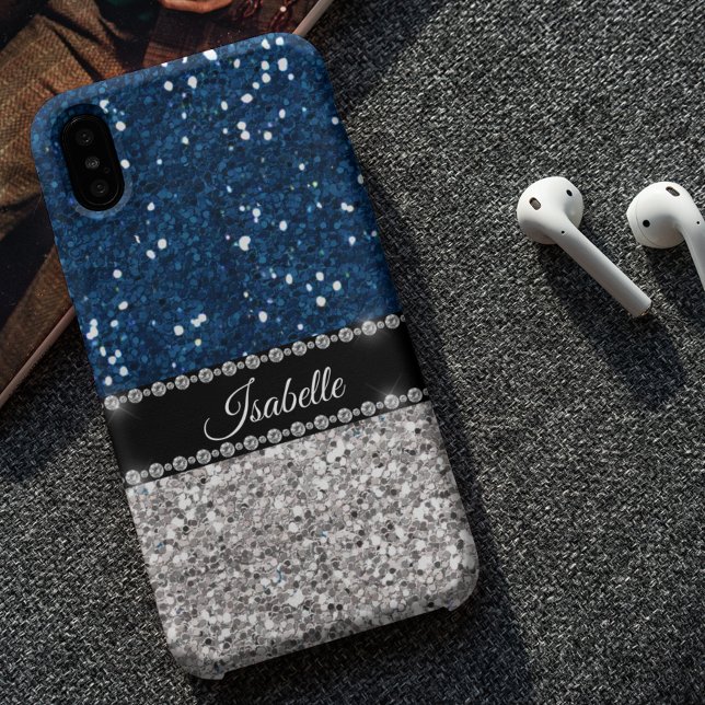 Silver Navy BLue Sparkle Glam Bling Personalisiert Case-Mate iPhone Hülle (Von Creator hochgeladen)