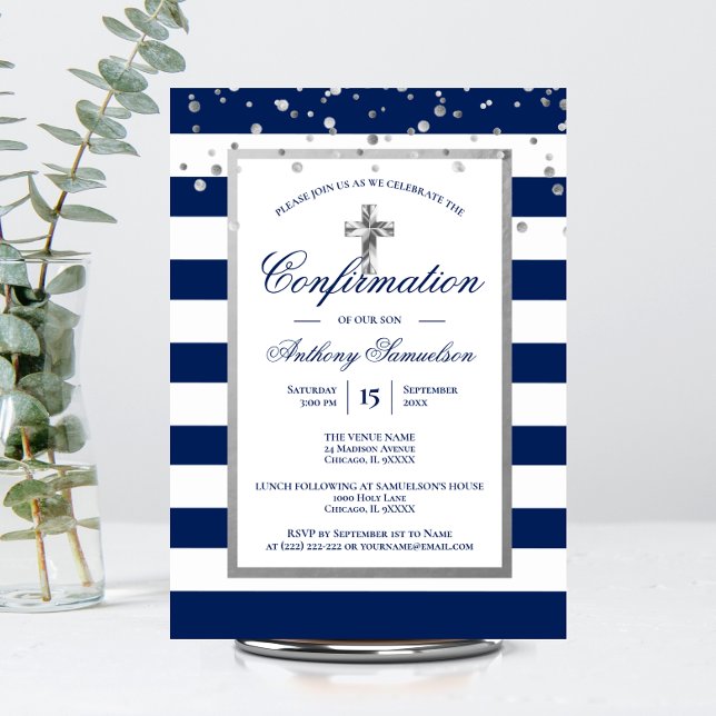 Silver Navy Blue Stripes Confirmation Boy Einladung (Von Creator hochgeladen)