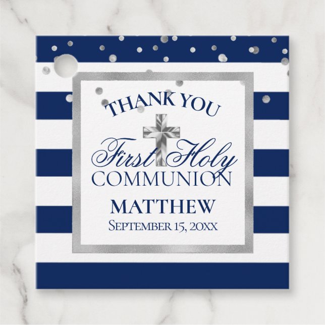 Silver Navy Blue Stripes First Heiliger Kommunion  Geschenkanhänger (Vorderseite)