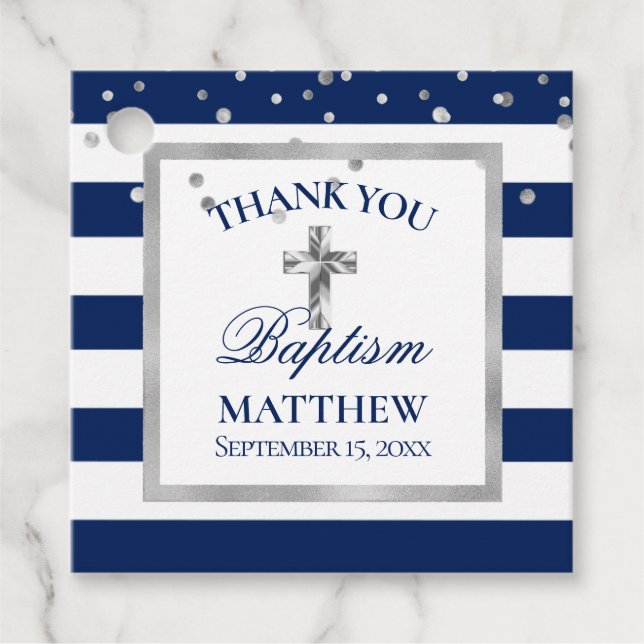 Silver Navy Blue Stripes Taufen Zeremonie Junge Geschenkanhänger (Vorderseite)