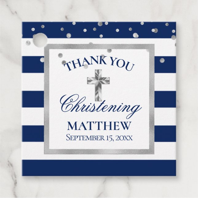 Silver Navy Blue Stripes Weihnachtsfeier Junge Geschenkanhänger (Vorderseite)