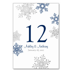 Silver Navy Blue White Snowflakes Winter Wedding Tischnummer