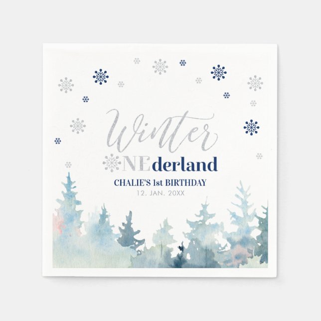 Silver & Navy Boy Winter Onederland 1. Geburtstag Serviette (Vorderseite)