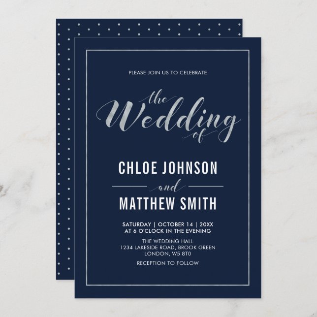 Silver & Navy | Einfache Hochzeit moderner Typogra Einladung (Vorne/Hinten)