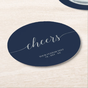 Silver & Navy Elegantes Script Cheers Custom Party Runder Pappuntersetzer