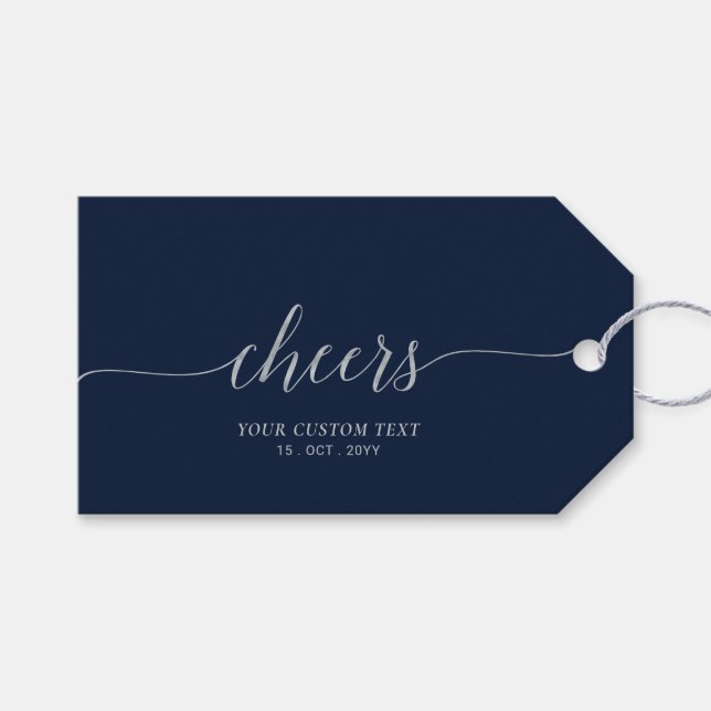 Silver & Navy Elegantes Script Cheers Event Party Geschenkanhänger (Vorderseite (Horizontal))