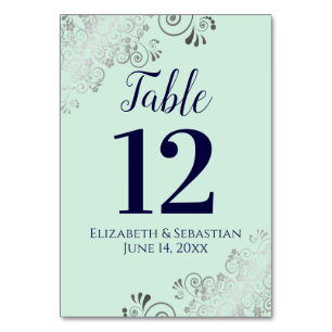 Silver, Navy & Mint Green Elegant Frilly Wedding Tischnummer
