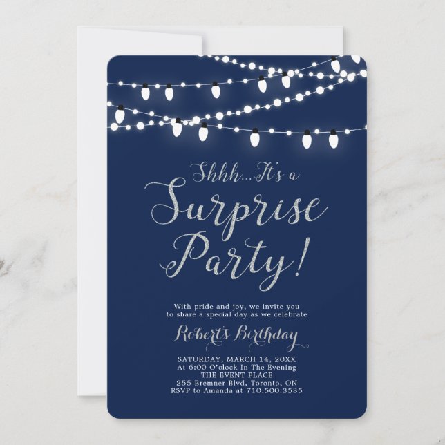 Silver & Navy | Modern Surprise Birthday Party Einladung (Vorderseite)