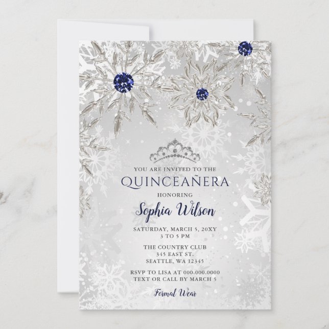 Silver Navy Snowflakes Tiara Quinceañera Einladung (Vorderseite)