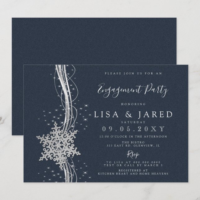 Silver Navy Snowflakes Winter Engagement Party Einladung (Vorne/Hinten)