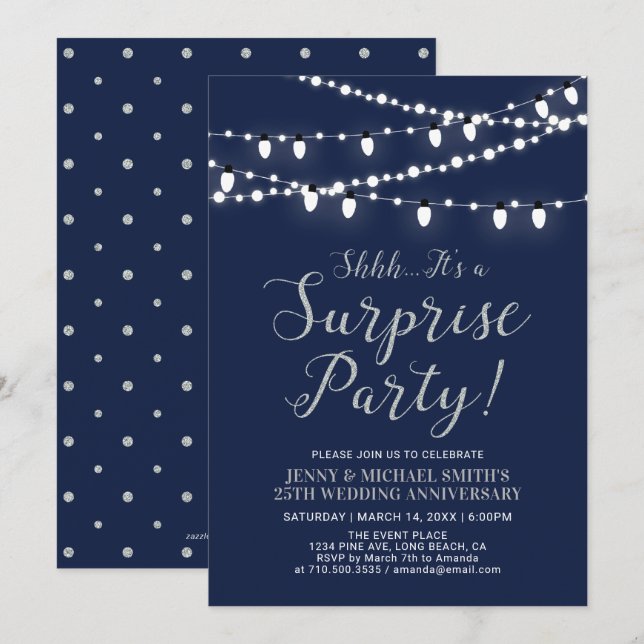 Silver & Navy | Überraschung 25. Hochzeitstag Einladung (Vorne/Hinten)
