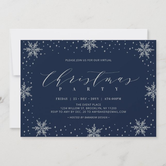 Silver & Navy Winter Virtual Christmas Party Einladung (Vorderseite)