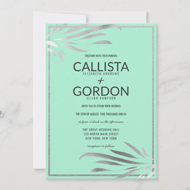 Silver Neo Mint Blätter Glitzer Border Wedding Einladung (Vorderseite)