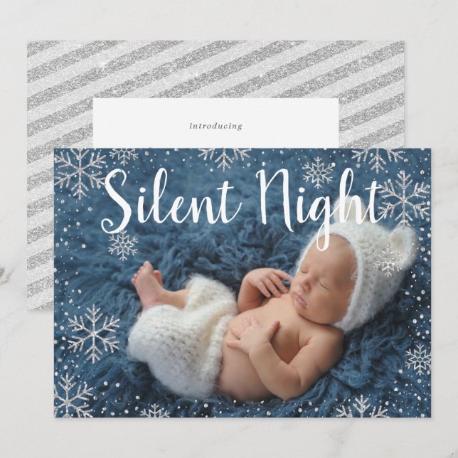 Silver Night Silver Snowflakes Holiday Baby Geburt Einladung (Vorne/Hinten)