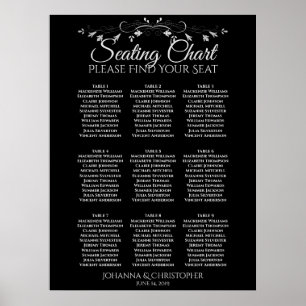 Silver on Black 9 Table Wedding Seating Chart Poster
