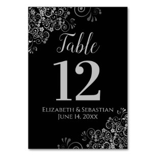Silver on Black Elegant Frilly Wedding Tischnummer