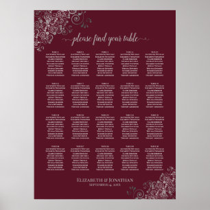 Silver on Burgundy 20 Table Wedding Seating Chart Poster