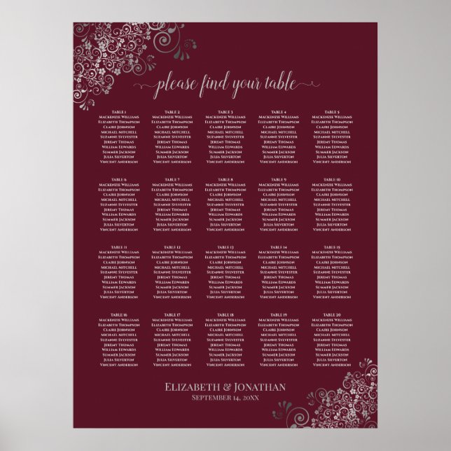 Silver on Burgundy 20 Table Wedding Seating Chart Poster (Vorne)