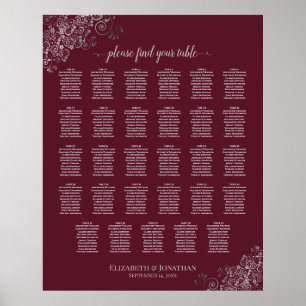 Silver on Burgundy 29 Table Wedding Seating Chart Poster