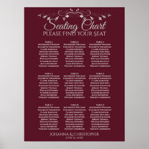 Silver on Burgundy 9 Table Wedding Seating Chart Poster