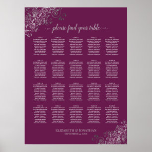 Silver on Cassis 20 Table Wedding Seating Chart Poster