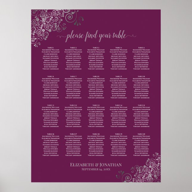Silver on Cassis 20 Table Wedding Seating Chart Poster (Vorne)