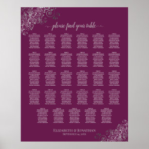 Silver on Cassis 29 Table Wedding Seating Chart Poster