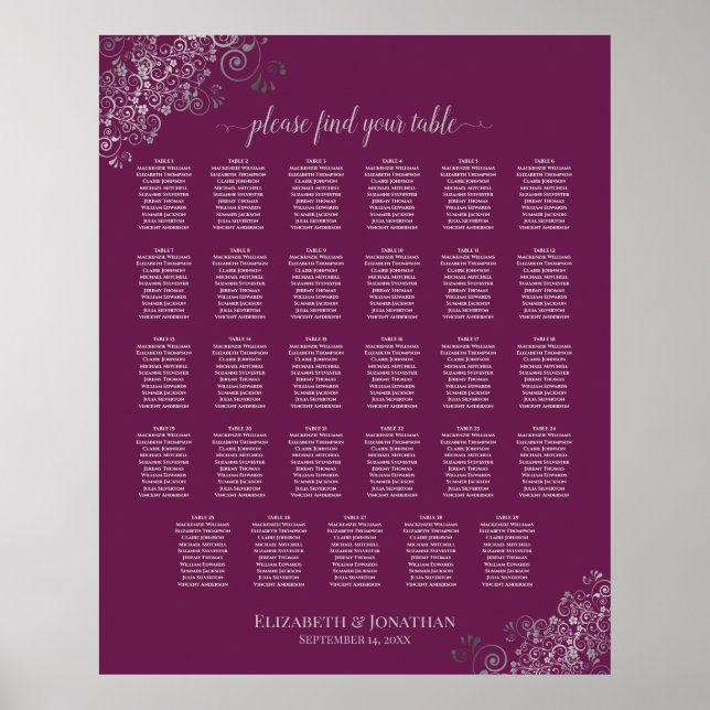 Silver on Cassis 29 Table Wedding Seating Chart Poster (Vorne)